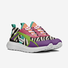 Colorful sneaker with zebra pattern and purple sole on a white background