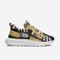 Sneaker with zebra pattern and gold accents on a white background