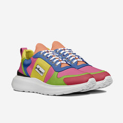 Colorful sneaker with a brand logo on a white background