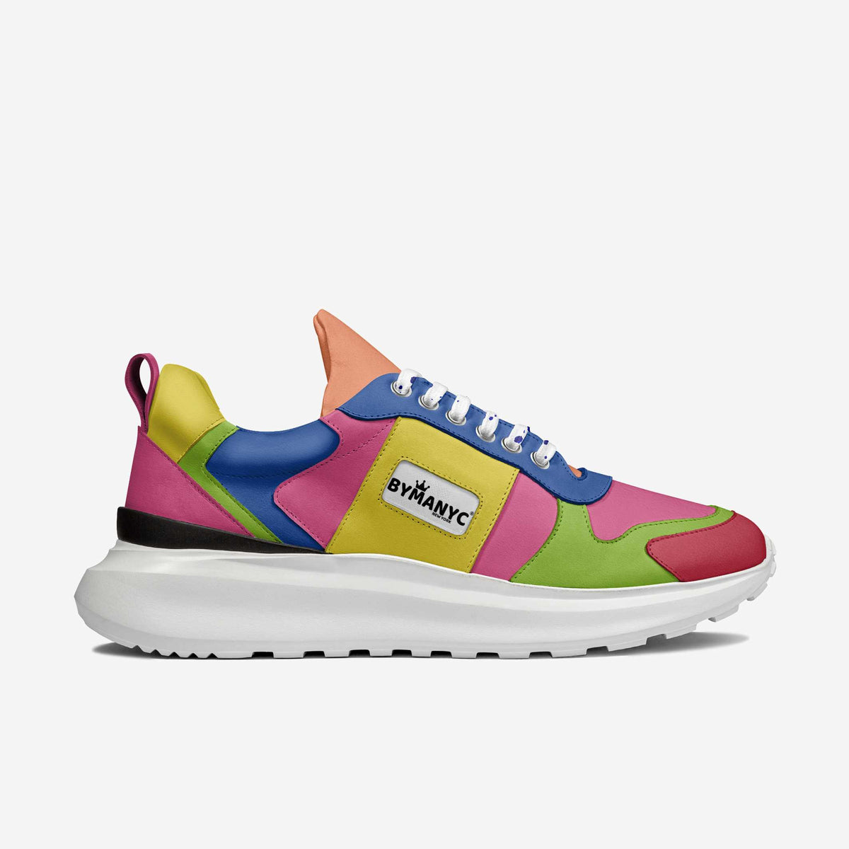 Colorful sneaker with a brand logo on a white background