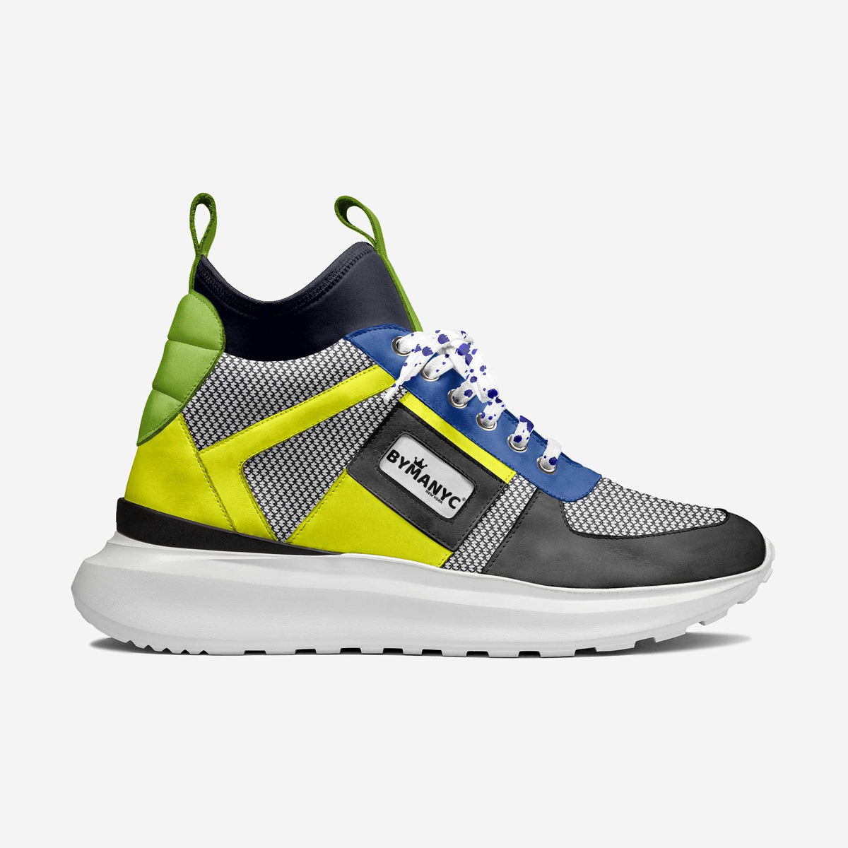 Multicolored sneaker with 'BYMANYC' branding on a white background