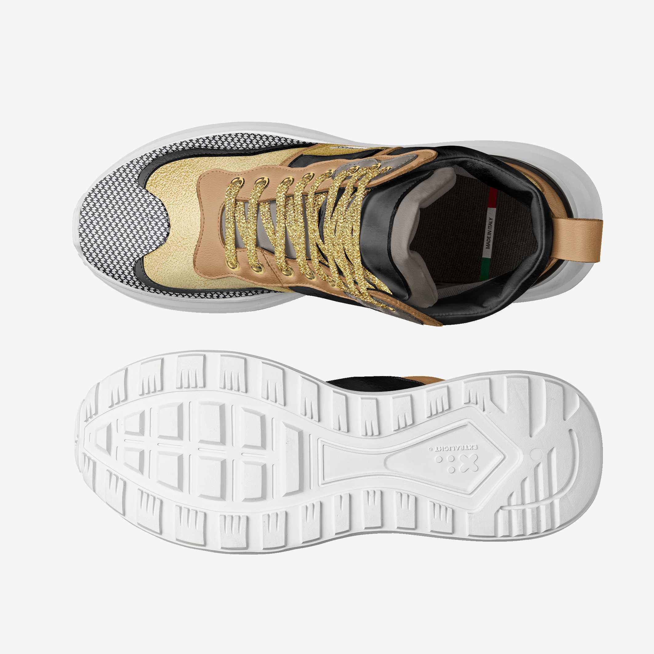 Top view of a sneaker with a white sole on a light gray background