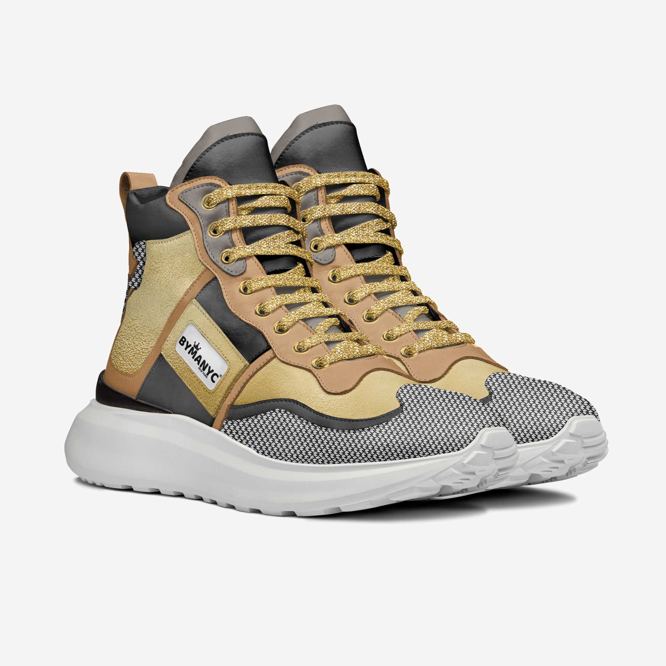 Multicolored sneaker with a visible brand logo on a white background