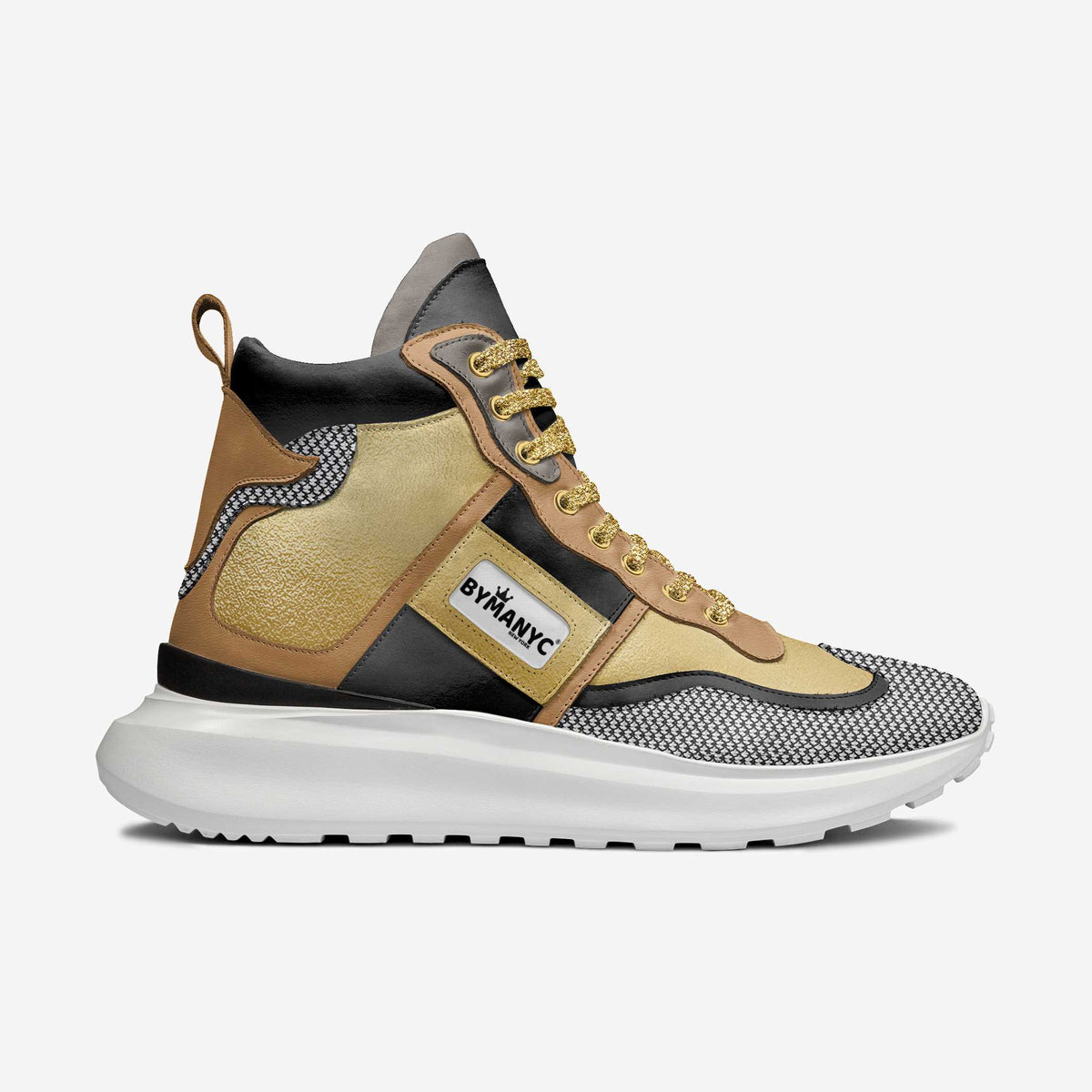 Multicolor sneaker with 'By产生的' branding on a white background