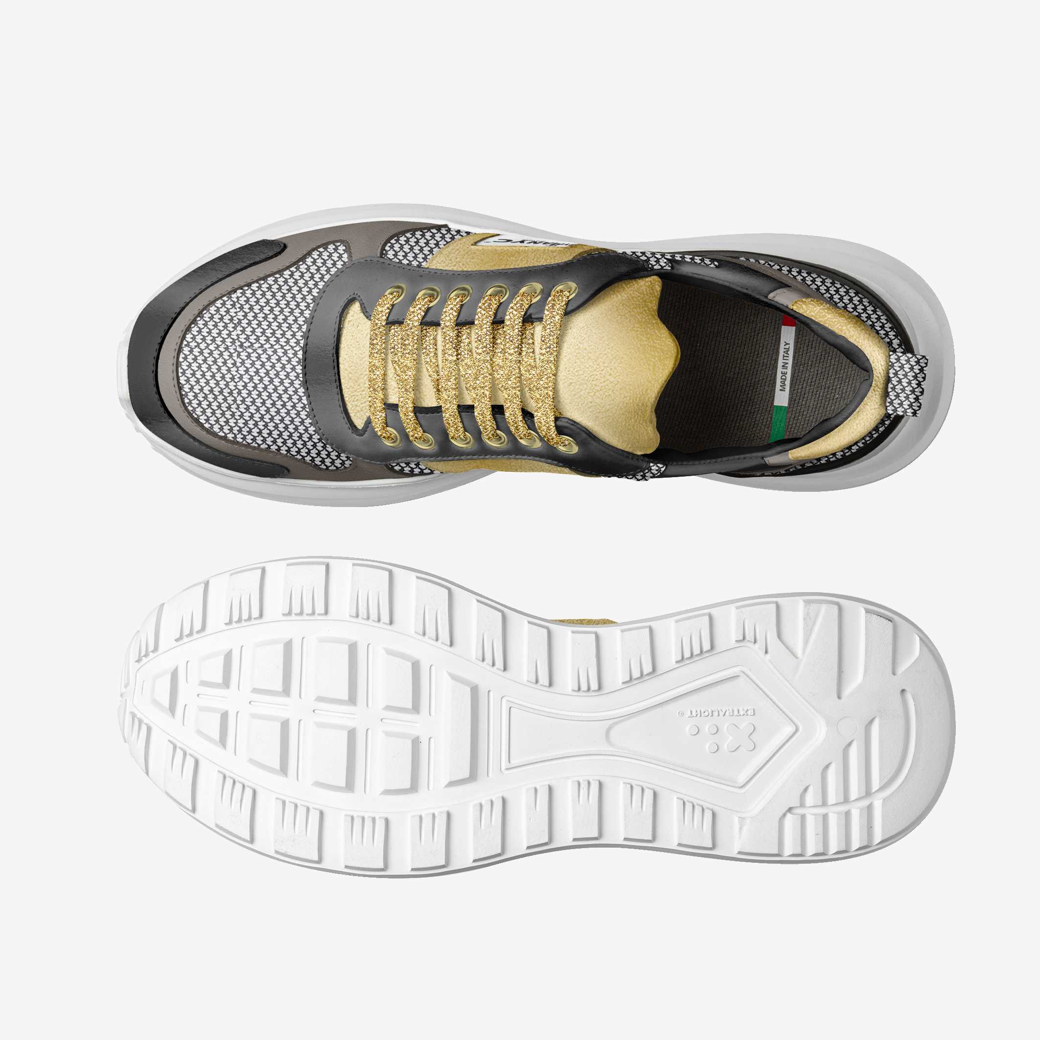 Top and sole view of a sneaker with gold laces on a white background
