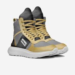Pair of black and beige high-top sneakers on a white background