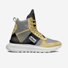 Multicolor sneaker with black, beige, and white design on a light gray background