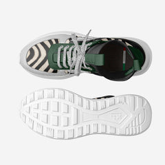 Sneaker with zebra pattern sole and white sole on a light gray background