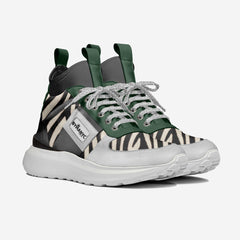 Sneaker with zebra pattern and green accents on a white background