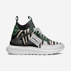 Sneaker with zebra pattern and white sole on a light gray background
