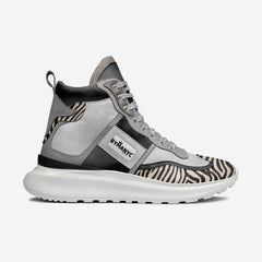 Gray high-top sneaker with zebra pattern and 'BYBANYC' branding on a white background