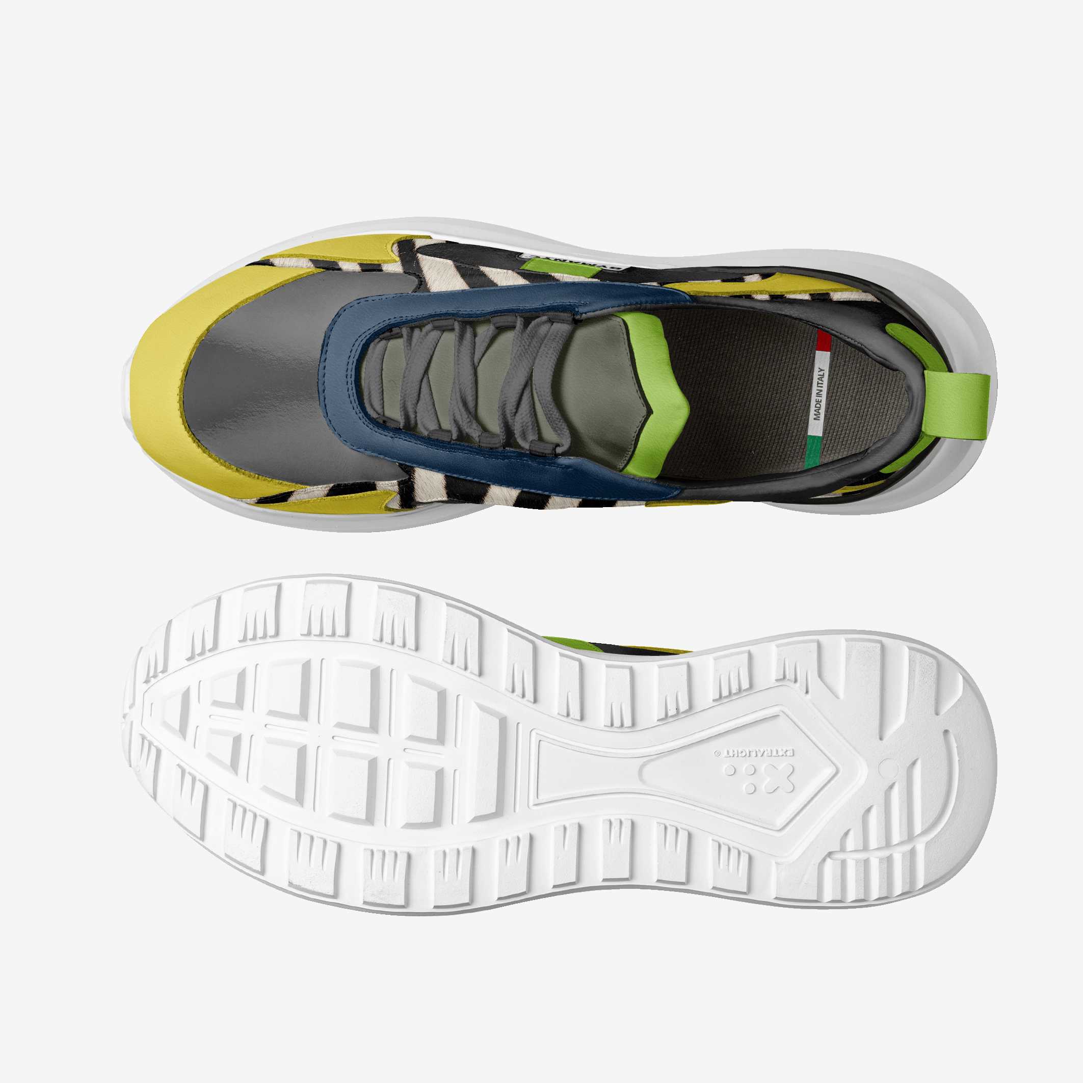 Multicolored sneaker with a white sole on a light gray background