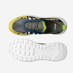 Multicolored sneaker with a white sole on a light gray background