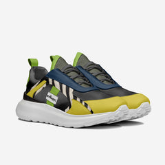 Multicolored sneaker with green, yellow, and blue accents on a white background