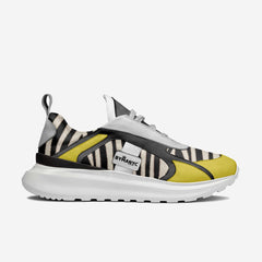 Sneaker with zebra pattern and yellow accents on a white background