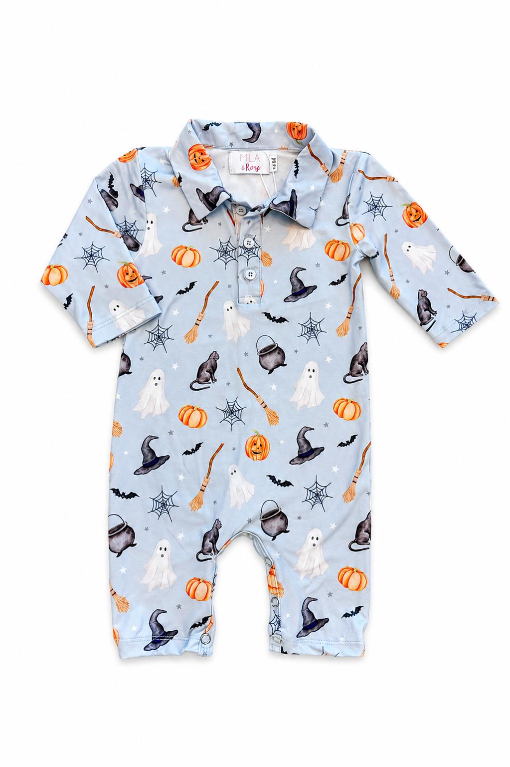 A baby long-sleeve romper in light blue with an all-over Halloween print featuring orange pumpkins, black witches' hats, white ghosts, and broomsticks, shown flat on a white background.