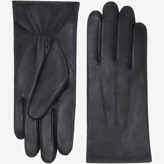 A pair of black leather gloves shown flat against a light gray background, with one glove displaying the back of the hand and the other showing the palm side.