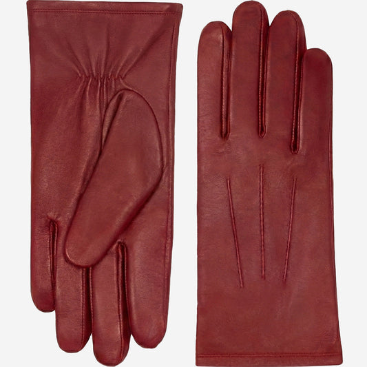A pair of burgundy leather gloves shown flat against a light gray background, displaying both the back of one glove with thumb opening and the palm side of the other.