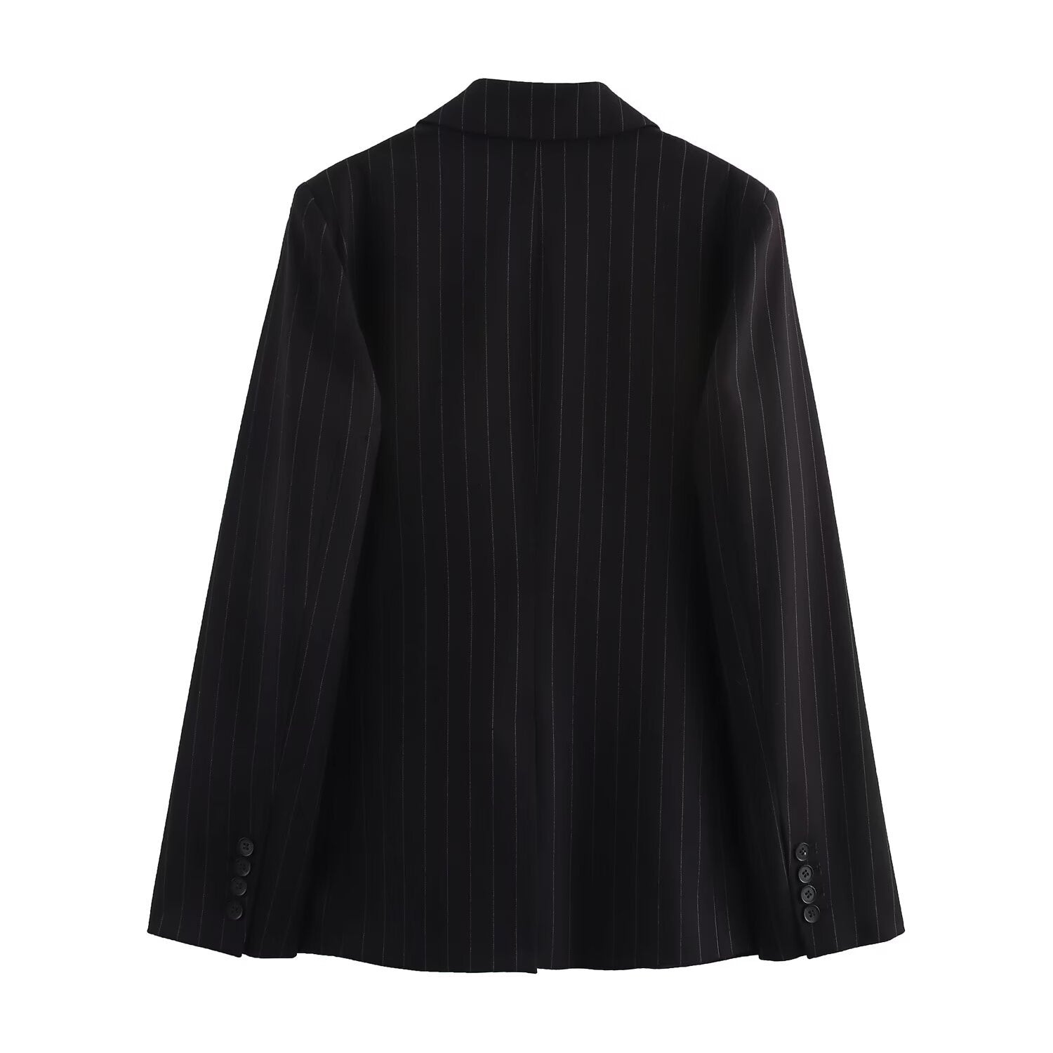 Black pinstripe blazer on a white background