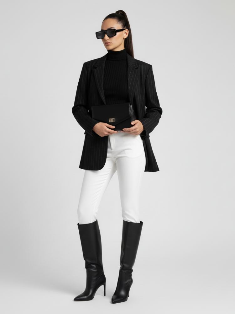 Woman wearing a black blazer, black top, white pants, and black knee-high boots on a white background