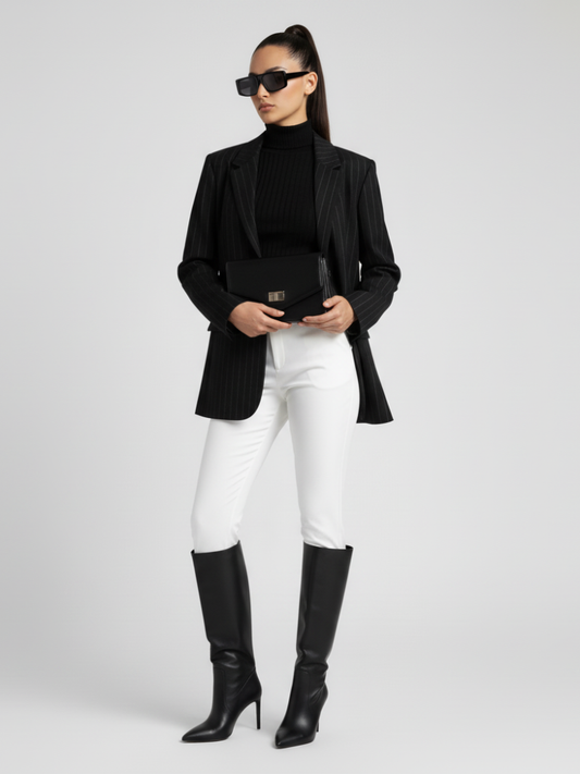 Woman wearing a black blazer, black top, white pants, and black knee-high boots on a white background