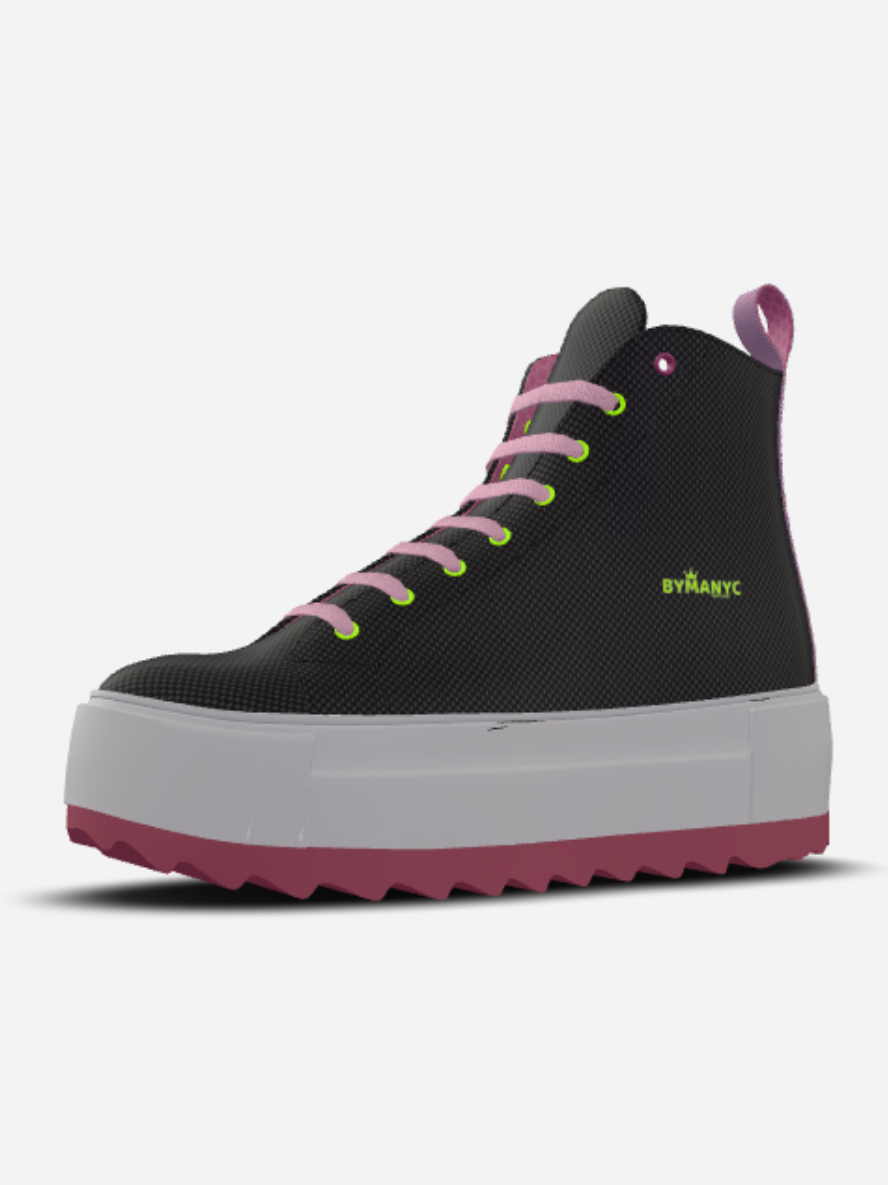 Black high-top sneaker with pink laces and sole on a white background