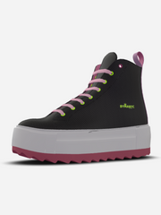 Black high-top sneaker with pink laces and sole on a white background