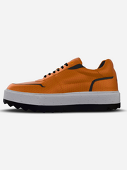 Orange sneaker with a white sole on a light gray background