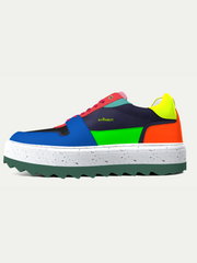 Multicolored sneaker with a white sole on a light gray background