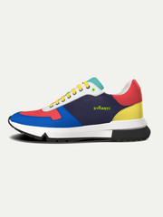 Colorful sneaker with a brand logo on a white background