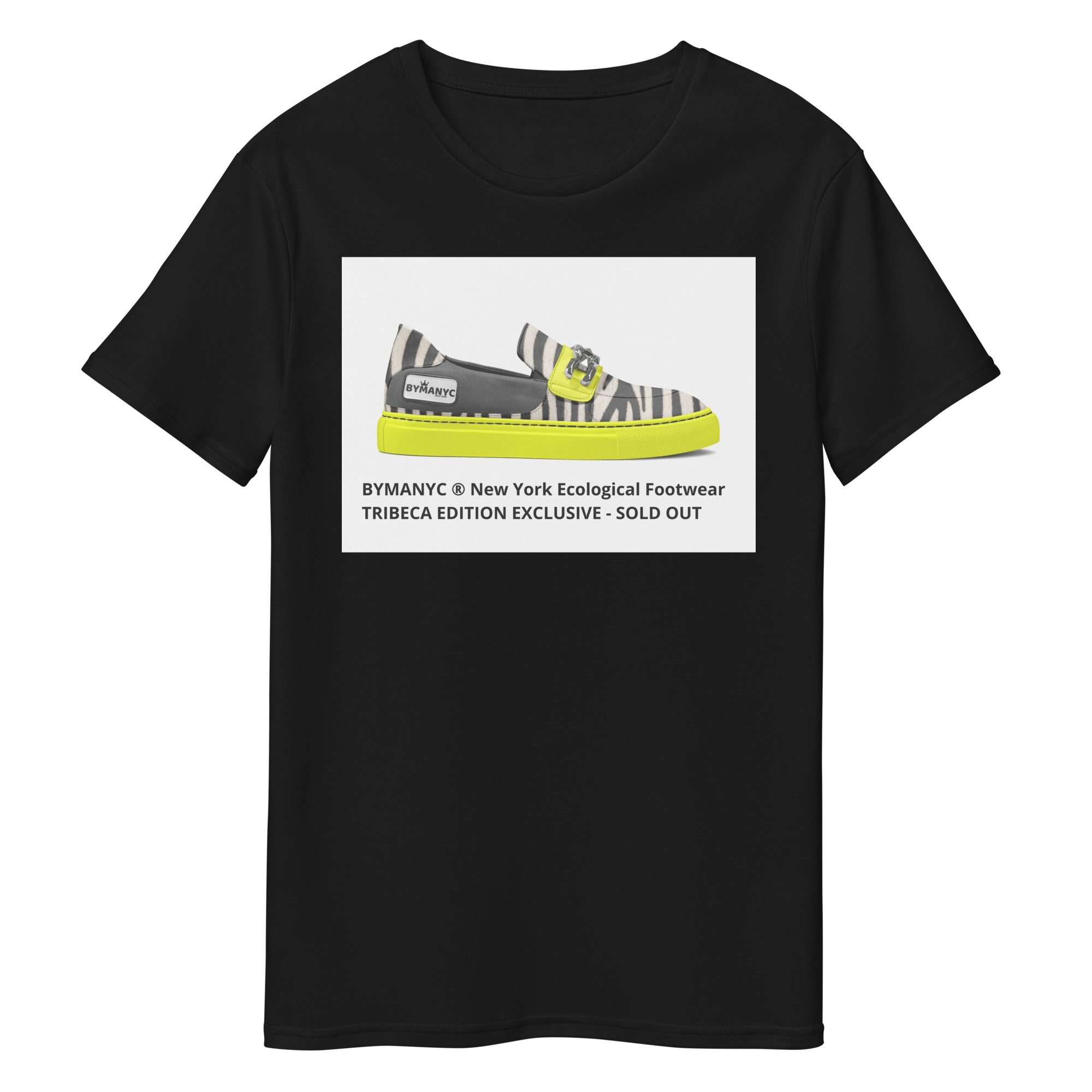 Black t-shirt with a graphic of a striped shoe and text on a white background