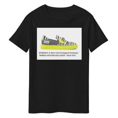 Black t-shirt with a graphic of a striped shoe and text on a white background