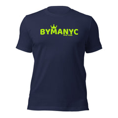 Navy blue t-shirt with 'BYMANYC New York' text in yellow on a white background