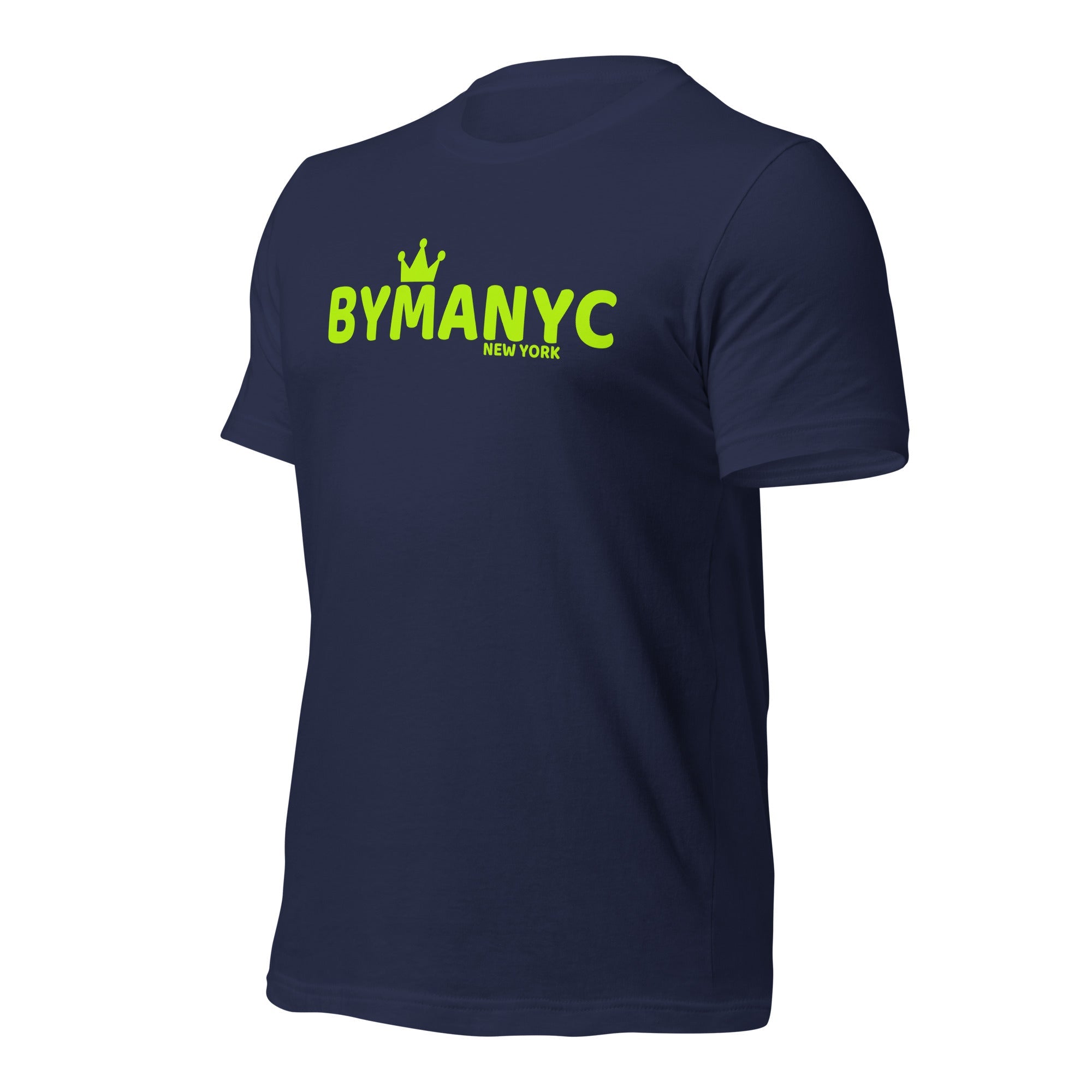 Navy blue t-shirt with yellow 'BYMANYC' text on a white background