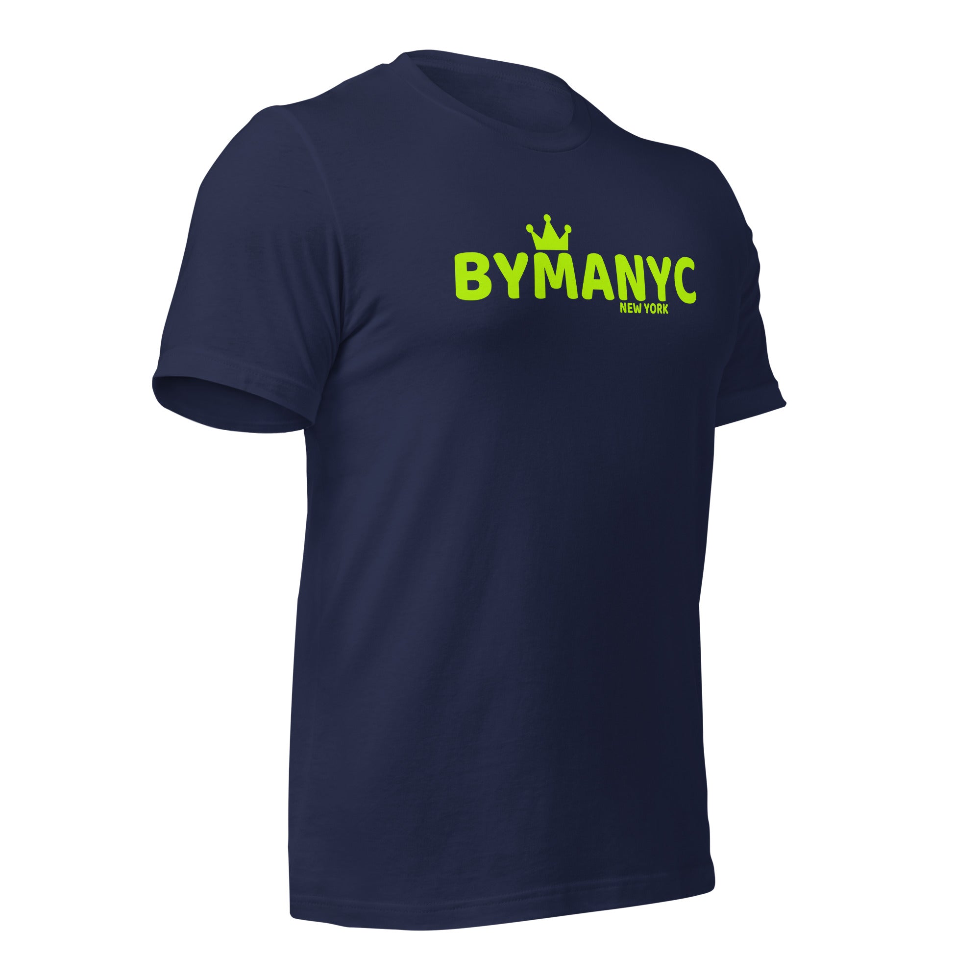 Navy blue t-shirt with green 'BYMANYC' logo on a white background