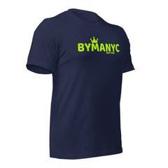 Navy blue t-shirt with green 'BYMANYC' logo on a white background