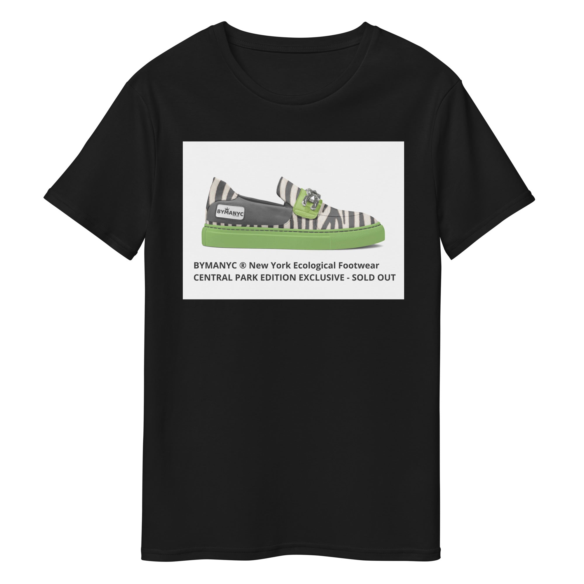 Black t-shirt with a graphic of a zebra-striped shoe and text on a white background