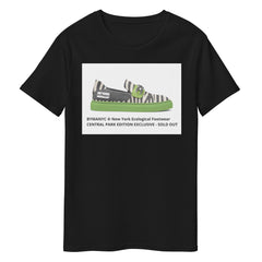 Black t-shirt with a graphic of a zebra-striped shoe and text on a white background