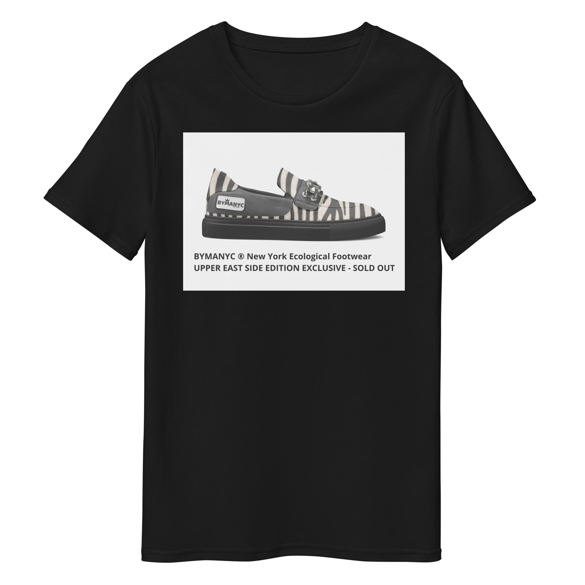 Black t-shirt with a graphic of a striped shoe and text on a white background