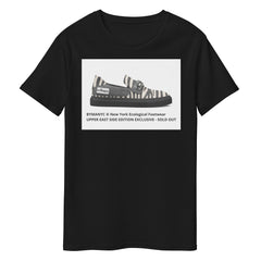 Black t-shirt with a graphic of a striped shoe and text on a white background
