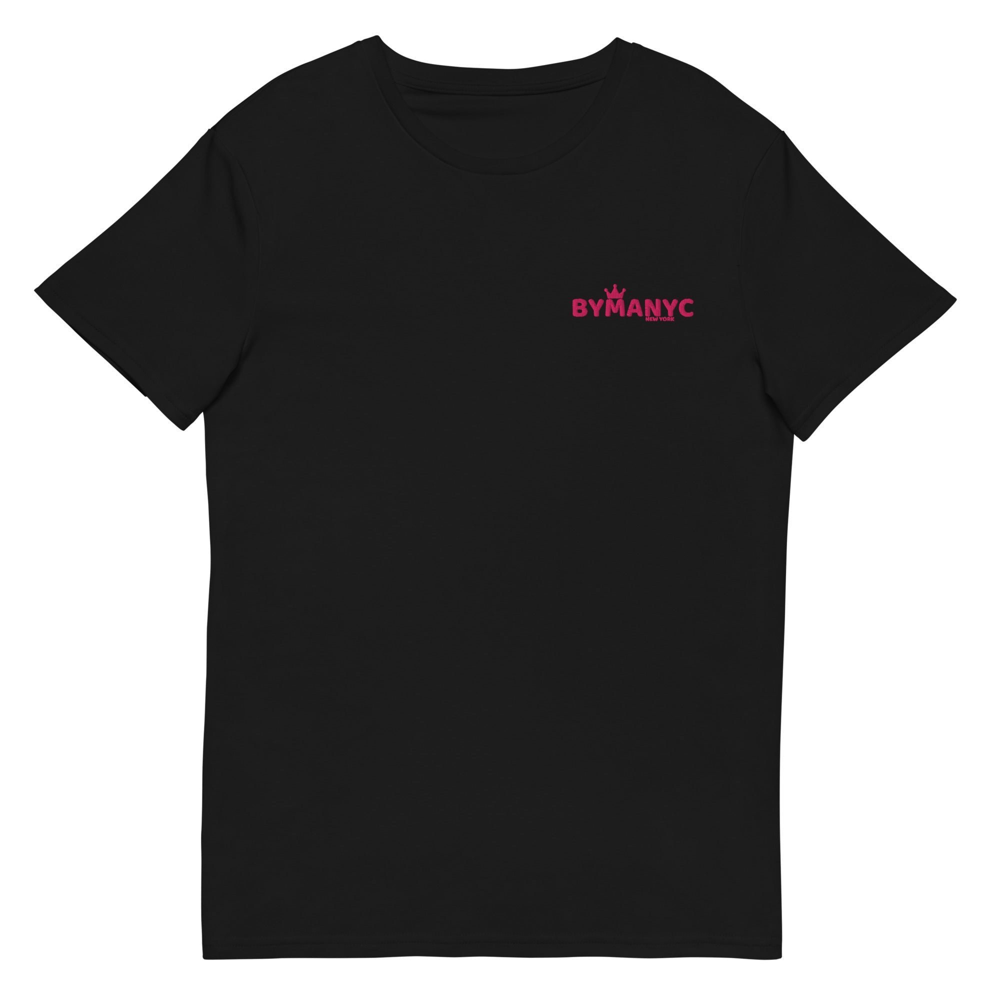 Black t-shirt with red 'BYMANYC' logo on a white background