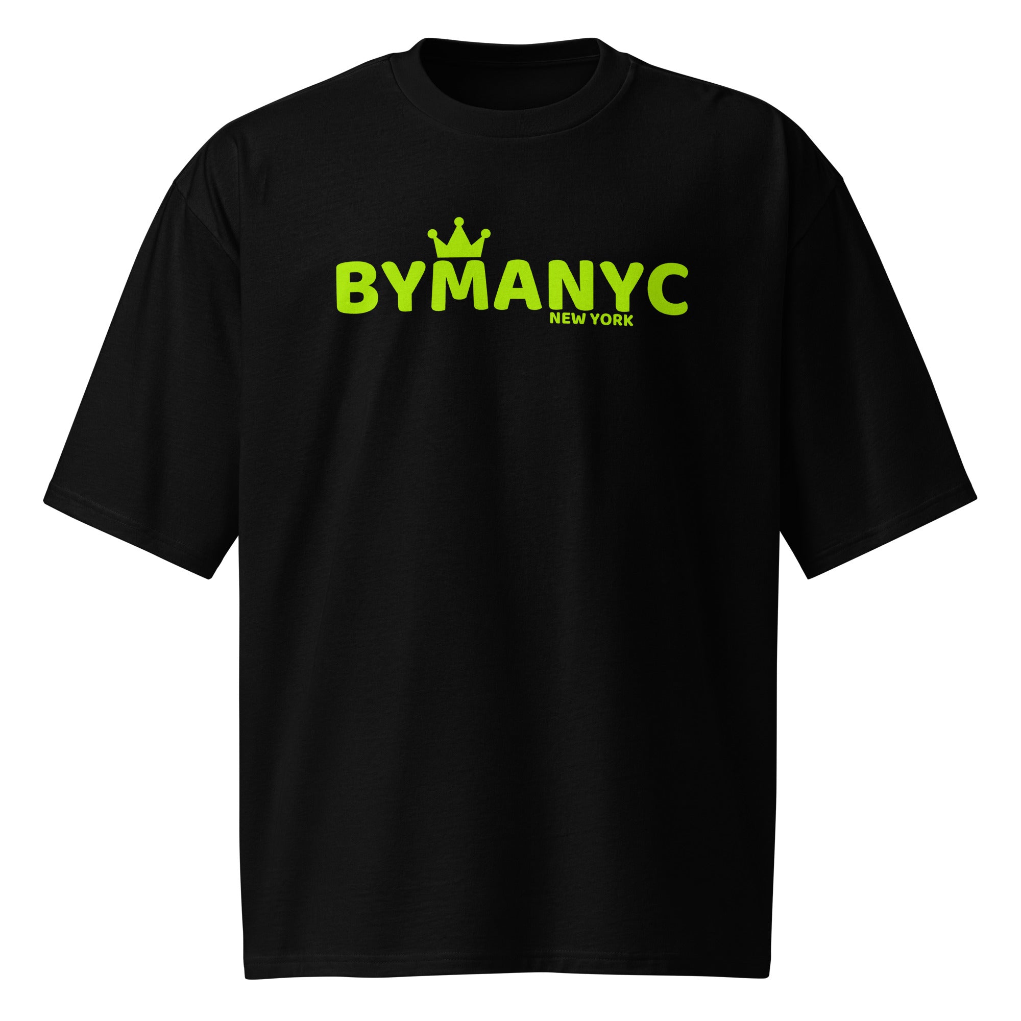 Black t-shirt with green 'BYMANYC NEW YORK' text on a white background