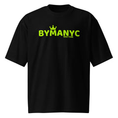 Black t-shirt with green 'BYMANYC NEW YORK' text on a white background