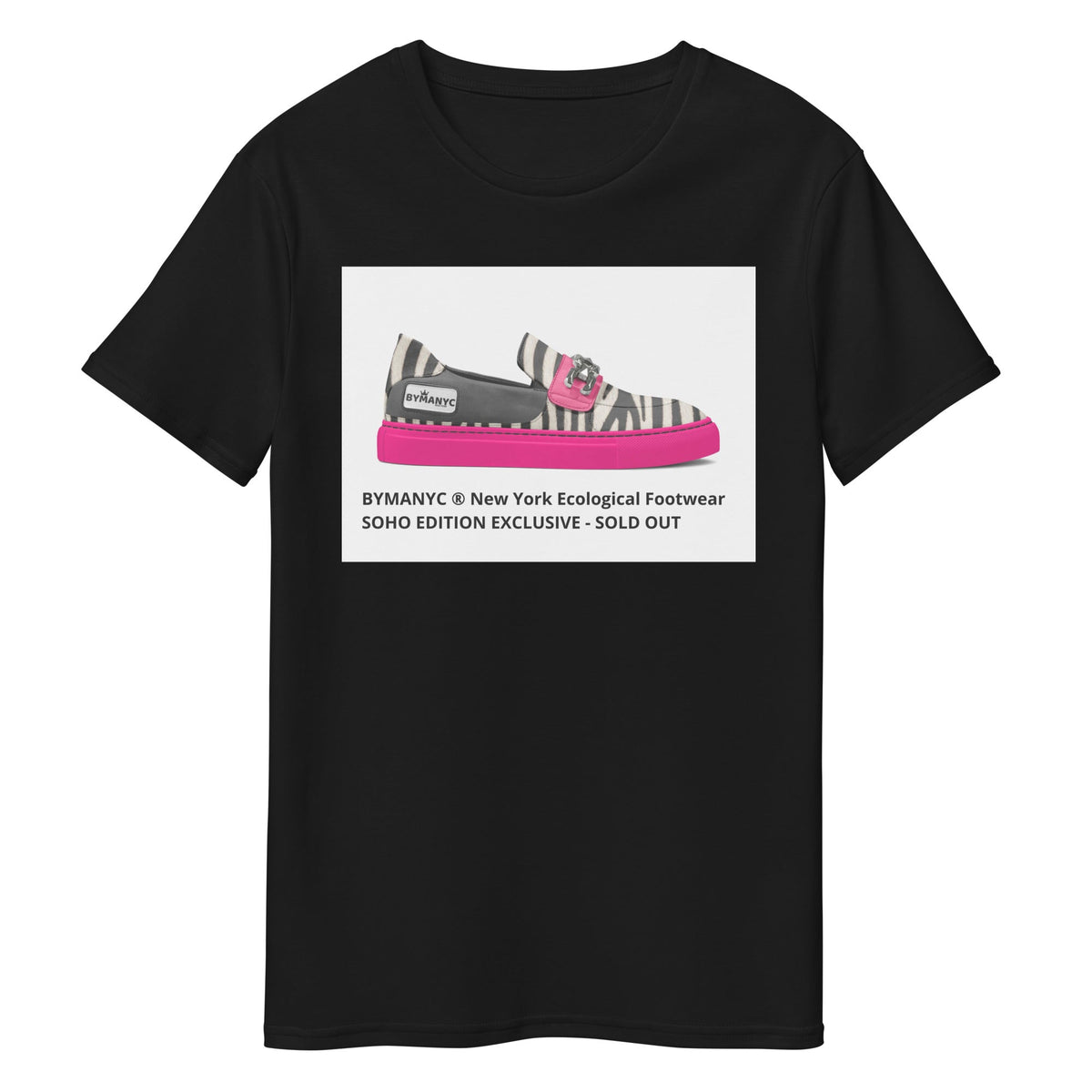 Black t-shirt with a zebra-striped shoe graphic and text on a white background