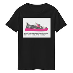 Black t-shirt with a zebra-striped shoe graphic and text on a white background