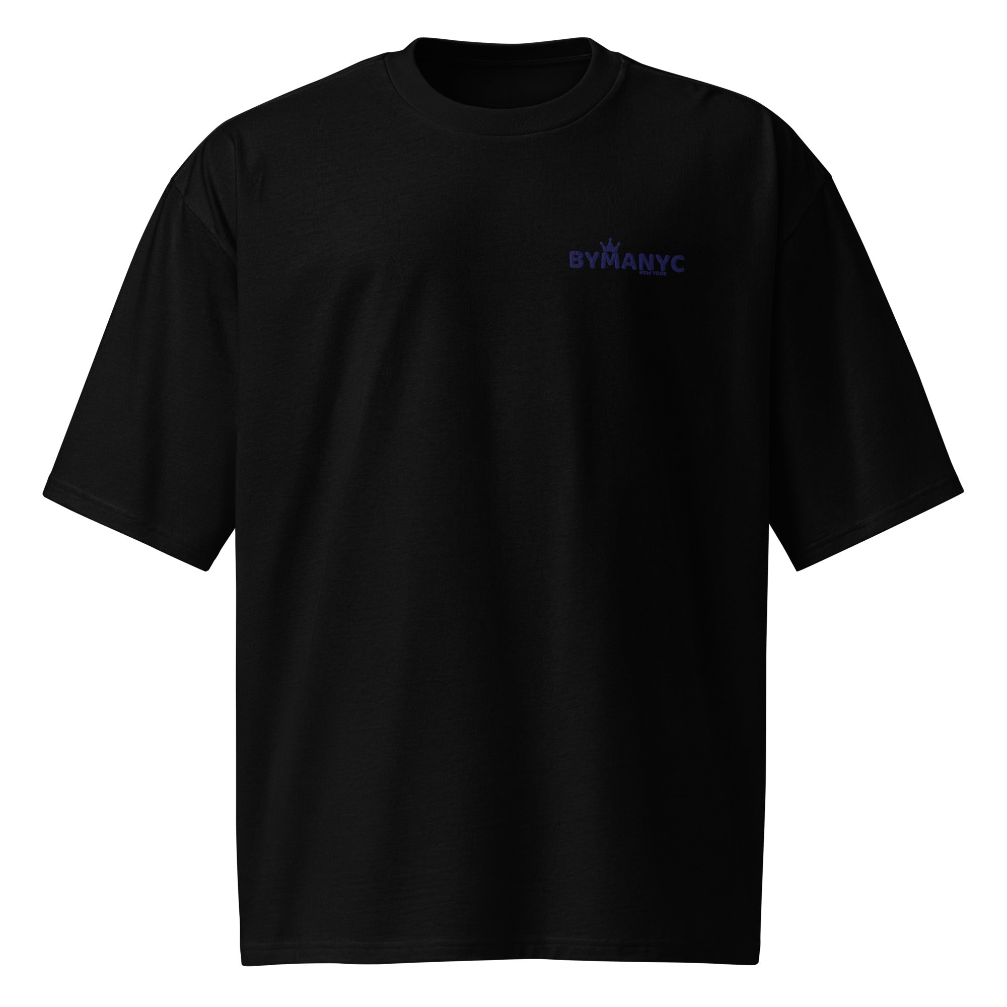 Black t-shirt with a blue logo on a white background