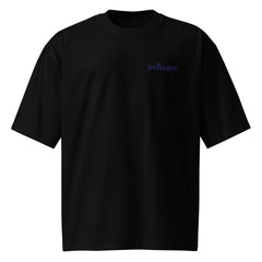 Black t-shirt with a blue logo on a white background