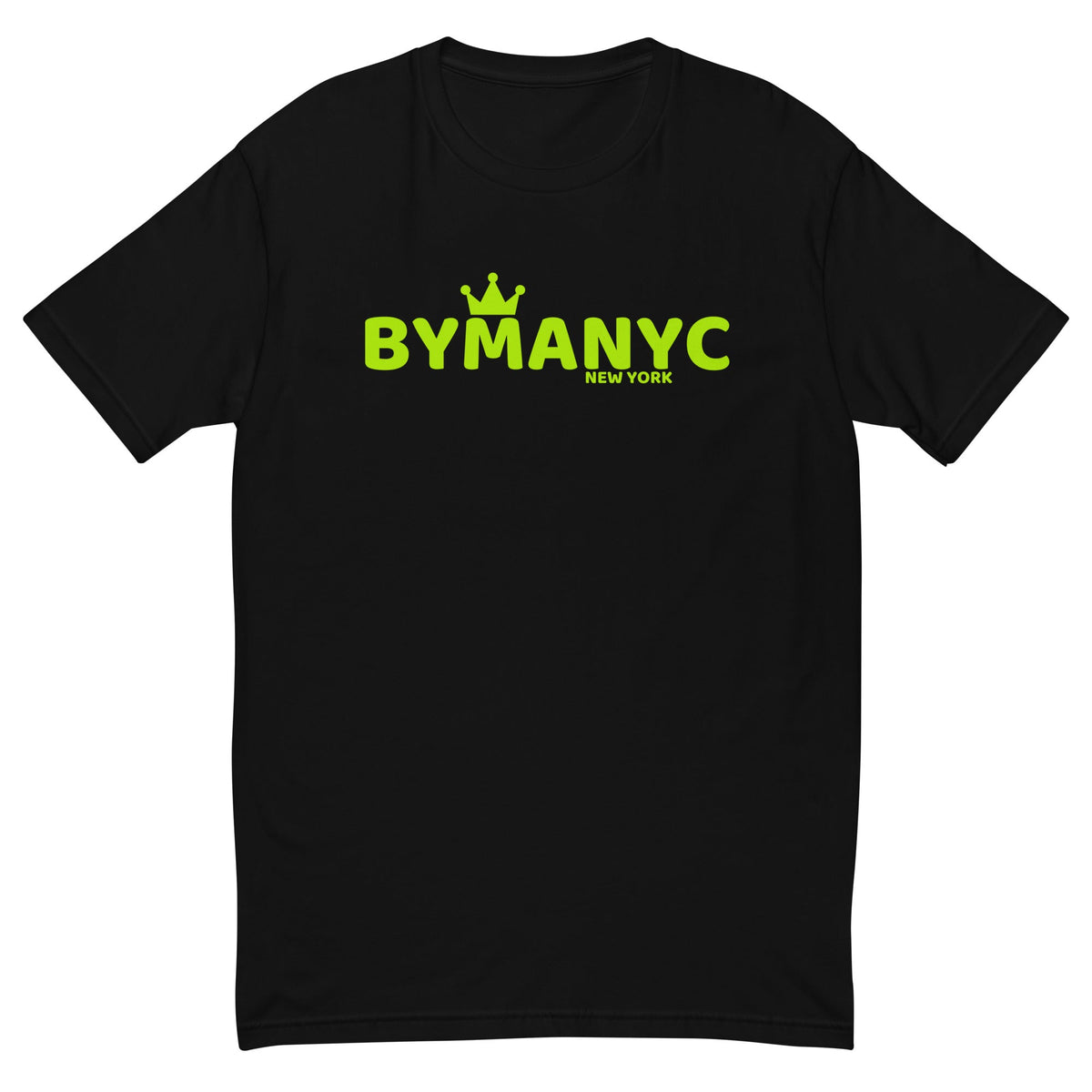 Black t-shirt with green 'BYMANYC' logo on a white background