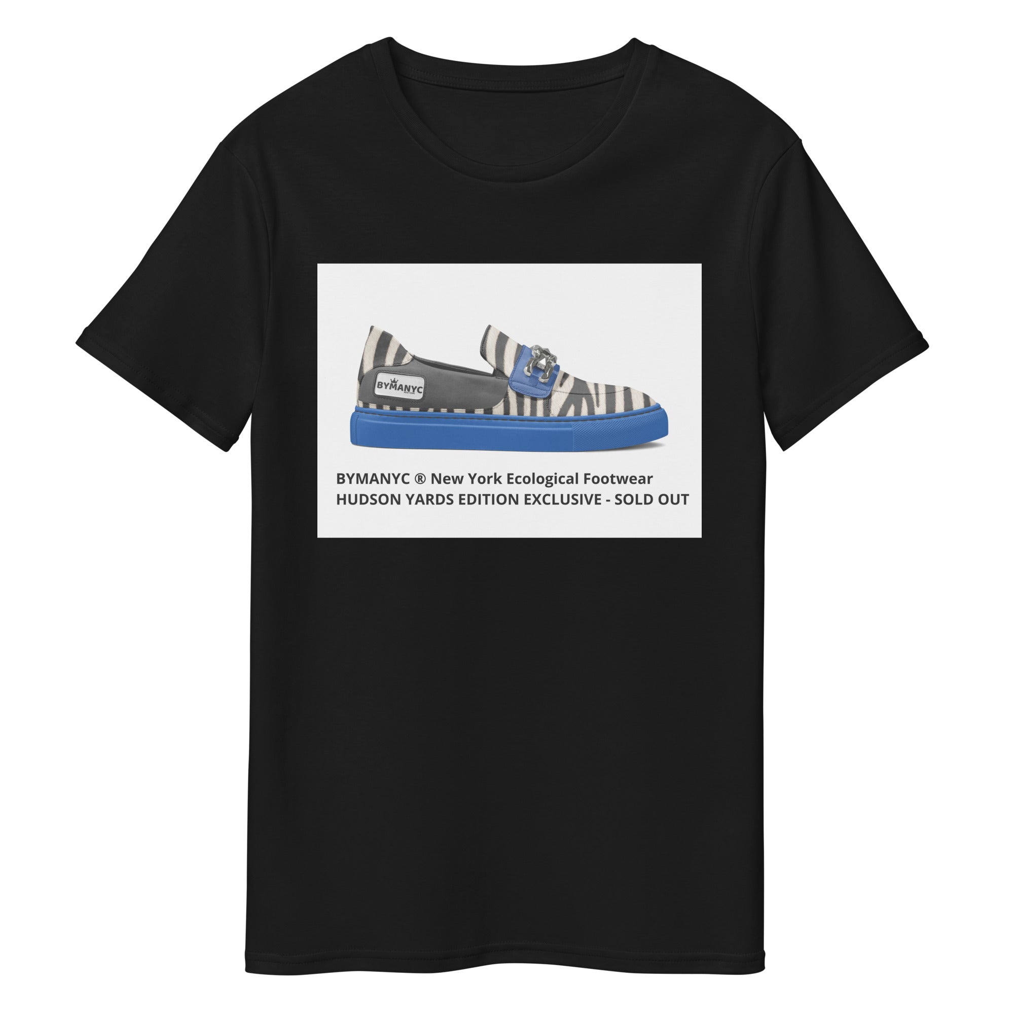 Black t-shirt with a graphic of striped shoes and text on a white background