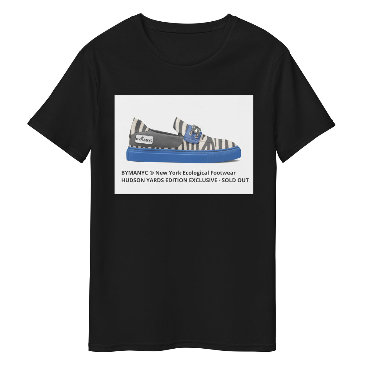 Black t-shirt with a graphic of striped shoes and text on a white background